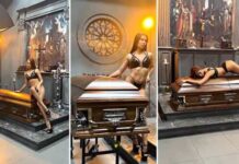 Funerária russa usa modelos de lingerie posando entre caixões em anúncio