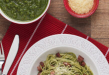 Receita: Espaguete com Calabresa, Pesto de coentro e Bacon