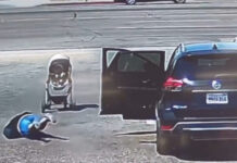 Mulher cai e perde controle de carrinho de bebê que é salvo por um triz