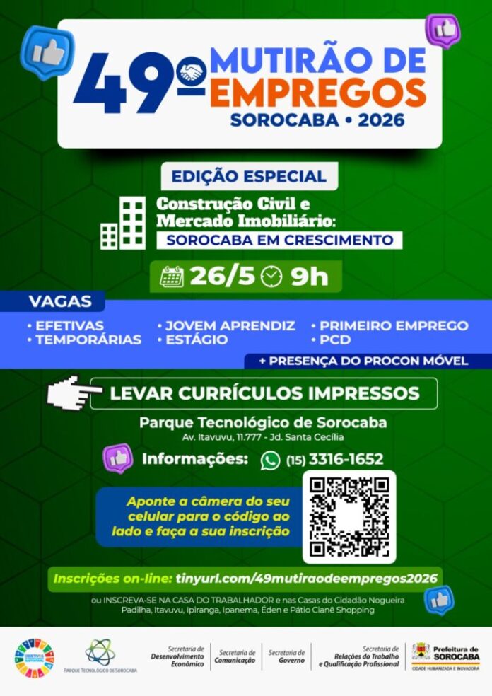 Com foco na Construção Civil e no Mercado Imobiliário, Prefeitura organiza 49.º Mutirão de Empregos no dia 26 de maio