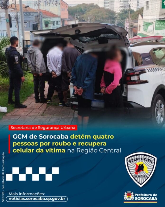 GCM de Sorocaba detém quatro pessoas por roubo e recupera celular da vítima na Região Central
